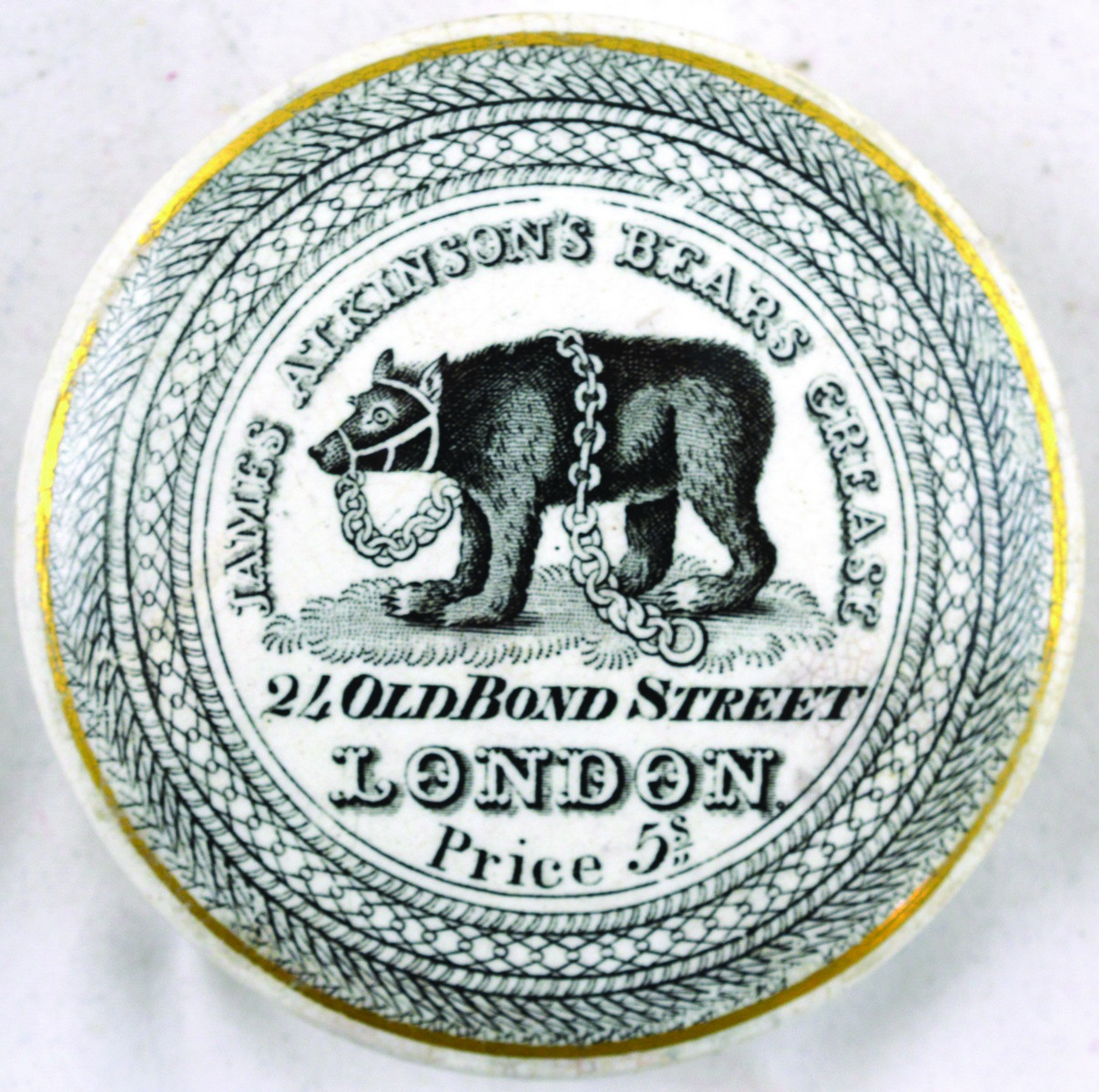 BEARS GREASE POT LID. 3ins diam, ‘JAMES ATKINSON’S BEARS GREASE/ 24 OLD