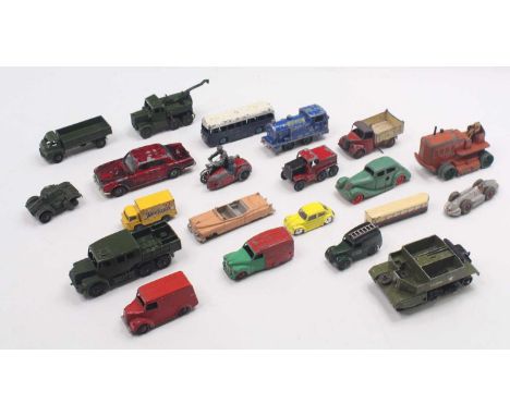 One lot of playworn Dinky toys, Corgis, and other diecast vehicles including a Dinky Heavy tractor, with the figure, missing 