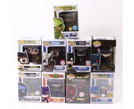 A Funko Pop vinyl group of nine DC figures including No. 377 Hawk Girl, No. 168 Bat Girl, No. 82 Swamp Thing, No.286 Batman, 