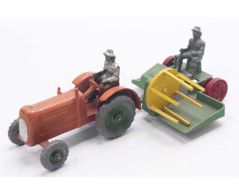 Charbens Series Model Farm Tractor &amp; Reaper set comprising of an orange tractor with green metal hubs and brown driver fi