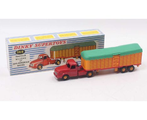 French Dinky Toys, 36-B, Willeme Tractor and closed trailer, red tractor with orange semi-trailer and green plastic tilt, ora