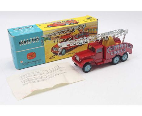 Corgi Major Toys No. 1121 Chipperfields Circus crane truck, in red and light blue body, with silver crane jib, housed in the 