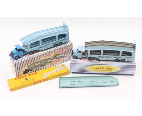 Dinky Toys 2 Pullmore car transporters as follows: No.982 with dark blue cab and an all light blue trailer, some marks presen