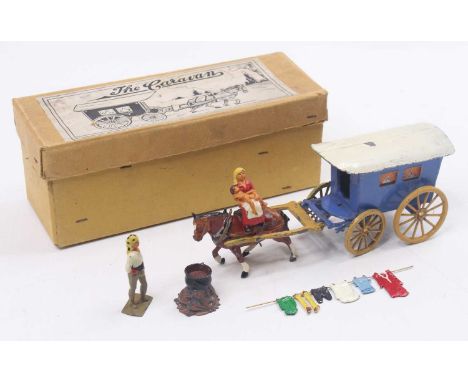 Charbens No.500 boxed Caravan Set, comprising blue and yellow caravan with white roof, with brown horse and detailed orange c
