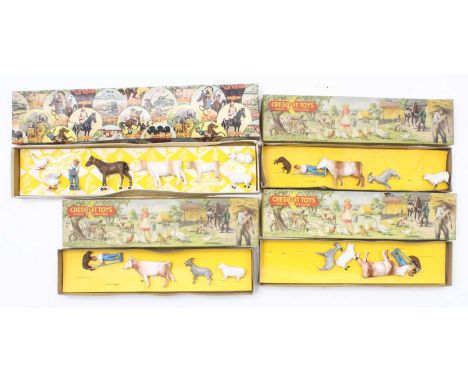 Four Crescent Toys farmyard sets, to include three comprising a goat, a sheep, a cow, a pig, and a farmer, and one comprising
