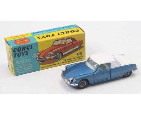 Corgi Toys No. 259 Citroen DS Le Dandy Coupe, comprising of a metallic blue body with a white back, light blue interior and w