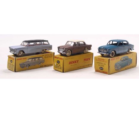 French Dinky Toys group of 3 to include; No.548 Fiat 1800 Familiale in light blue with black roof, No.24B Peugeot 403 Berline