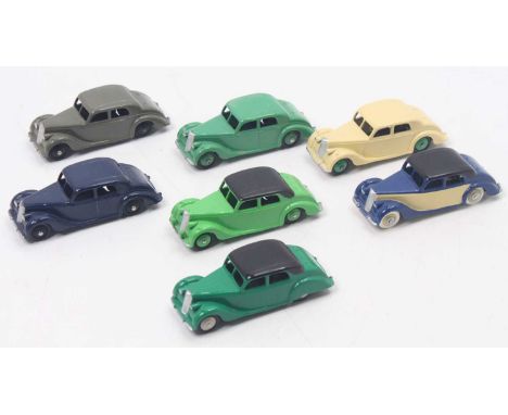 Dinky Toys group of seven, including four original Dinky no.40 Riley saloon cars, and three repainted Dinky no.40 saloon cars