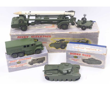 Dinky Toys group of 3 to include No.666 Missile erector Vehicle, No.689 Medium Artillery Tractor and a No.651 Centurion Tank,