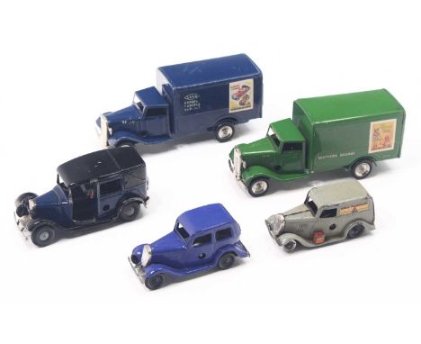 Five Triang Minic clockwork vehicles to include a Southern railway Delivery van, with Pedigree Dolls advert, and Pedigree Pra