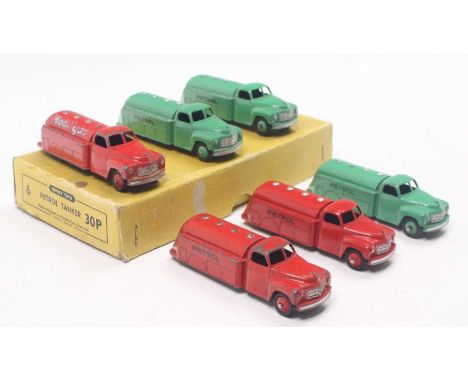 Dinky Toys trade box No.30P Studebaker Mobil Gas tanker trade box containing 6 examples, 3 finished in red with Petrol or Mob