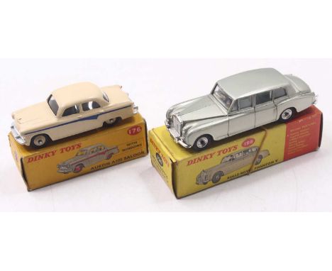 Dinky Toys group of 2 to include; No.176 Austin A105 Saloon tan body with blue flashes to the sides (E), and a No.198 Rolls R