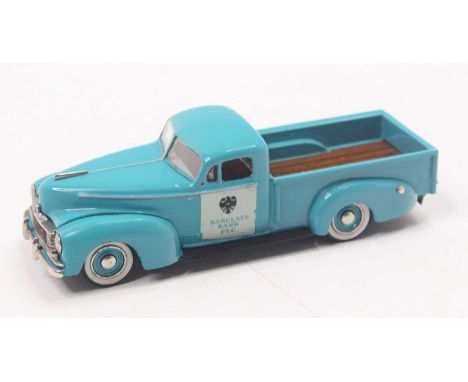 Mini Marque 1/43rd scale white metal model of a 1946 Hudson Open Back Truck, light blue body with white walled tyres, stained