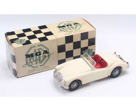 Victory Models 1/18 scale battery operated plastic model of a MGA series MG in cream body with red interior, housed in a pict