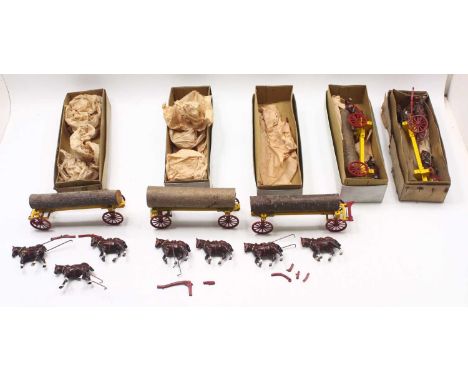 Five Charbens farm series model tree wagon sets comprising two horses, and a wagon, with a log, all housed in their original 