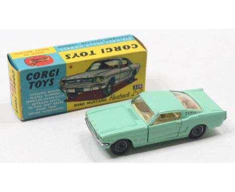 Corgi Toys No. 320 Ford Mustang Fastback 2+2, light green body, cream interior, jewelled headlights with spoked wheels, all c