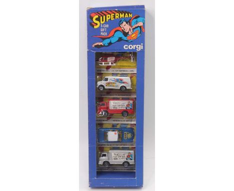Corgi Juniors Superman 5-car gift set, manufactured 1978-1982, exported by Reeves for the USA market. The box contains five b