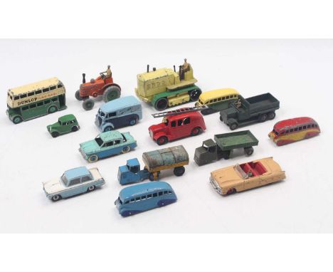 One box containing a mixed quantity of various playworn and repainted Dinky Toys to include a light yellow heavy tractor, a N