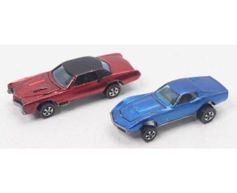 Hot Wheels Mattel Red Line Group, 2 examples to include Custom Eldorado in metallic red, and a Custom Corvette in metallic bl