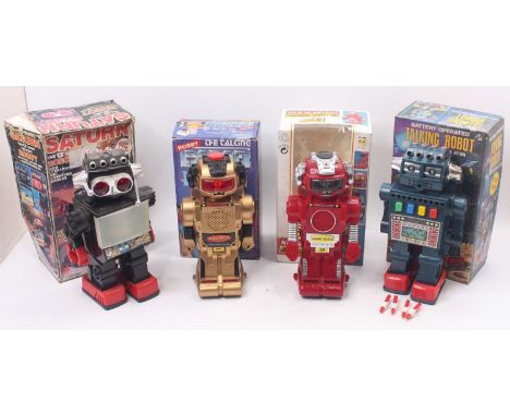 Tray containing 4 plastic battery operated robots including; No.1031 'Talking Robot with missile shooting action', No.4165 Ne
