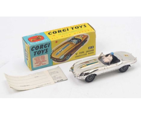 Corgi Toys No.312 Jaguar 'E' type competition model, silver vacuum plated, RN2, driver, spoke wheels, in yellow and blue box 