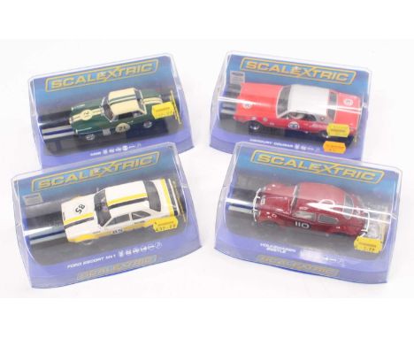 A collection of four various plastic cased Scalextric slot racing cars, to include No. C3418 Mercury Cougar 1967, a No. 3631 