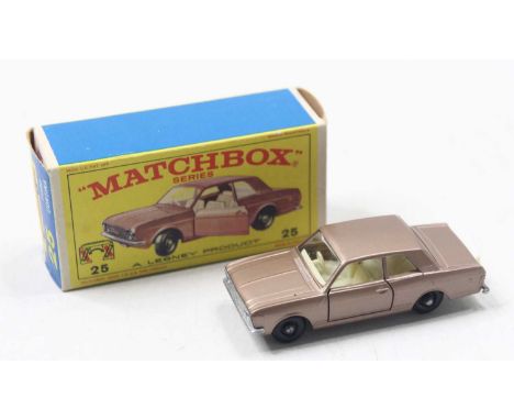 Matchbox Lesney No.25 Ford Cortina in metallic light brown body with cream interior black hubs, housed in a pictorial card bo