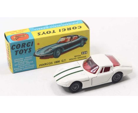 Corgi Toys No. 324 Marcos 1800 GT comprising of white body with green racing stripe and silver detailed engine, fitted with r