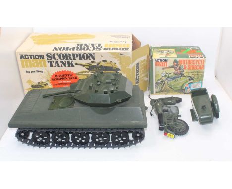 Palitoy Action Man group of 2 to include; No.34723 Motorcycle and a side Car, together with a No.34710 Scorpion Tank, both ho