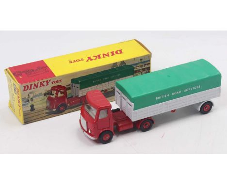 Dinky Toys No. 914 A.E.C. Articulated Lorry ‘British Road Services’ red cab, light grey trailer, green plastic tilt, red plas