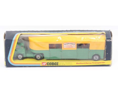 Corgi Major Toys No. 1104 Newmarket Racing Stables horse transporter, comprising green tractor unit with matching green & ora