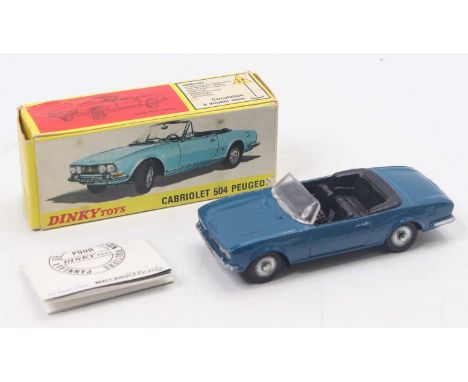 French Dinky Toys No.1423 Peugeot 504 Cabriolet, dark blue body, black interior, original windscreen, black plastic base, spu