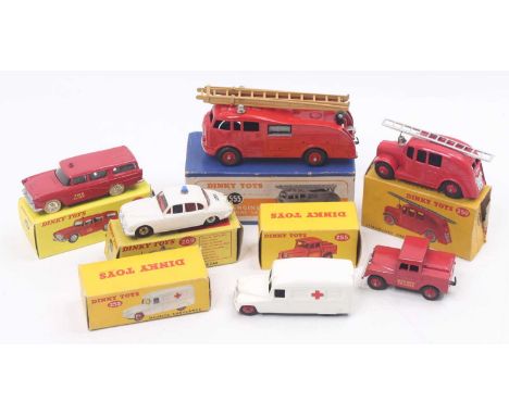 Dinky Toys group of 6 emergency diecasts to include; No.253 Daimler Ambulance (E-BG) , No.250 Streamlined Fire Engine (box fl