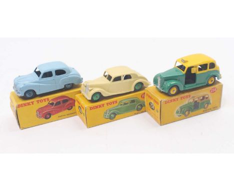 Dinky Toys group of 3 diecasts to include; No.158 Riley Saloon in cream body with green ridged hubs (VG-BG), No.161 Austin So