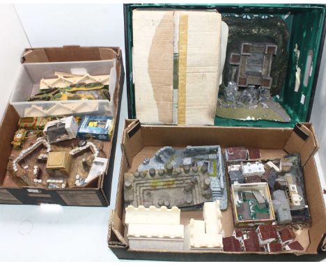 Three trays containing a quantity of mixed media war gaming scenery and dioramas to include Games Workshop, various resin bui