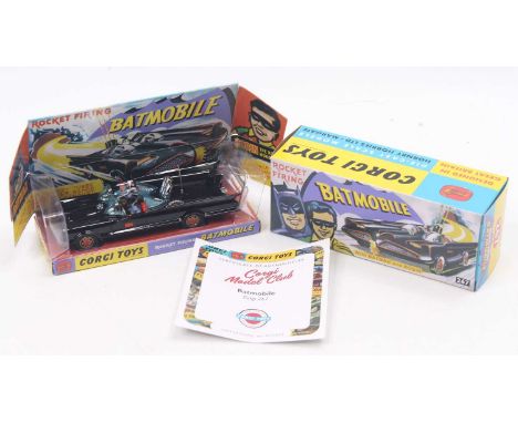 A Corgi Toys Modern Issue diecast model of a No. 267 Batmobile comprising of a black body with gold and red Bat logo hubs, Ba