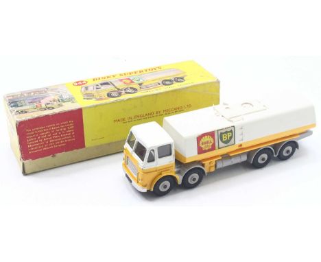 Dinky Toys No. 944 Shell BP Leyland Octopus Petrol Tanker comprising a white, yellow and grey body with grey plastic hubs, in