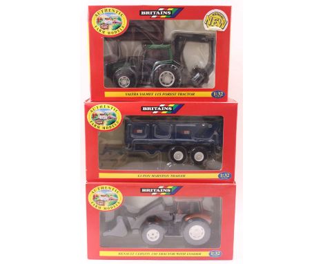 Britains group of 3 1/32 scale Earthmoving, and Farming machinery and equipment to include; No.00226 Renault 350 Cergos Tract