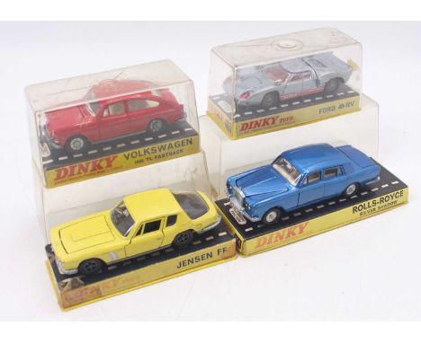 Dinky toys group of 4 plastic cased models to include; No.188 Jensen FF in yellow, No.158 Rolls Royce Silver Shadow in blue, 