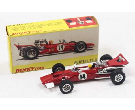 Dinky Toys No. 1433 Team Surtees TS5 race car comprising red body with racing No. 14 housed in the original card box with lea
