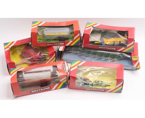 Britains group of 6 farming-related implements/equipment to include; No.9554 8 Furrow Plough, No.9560 Vacuum Tanker, No.9577 