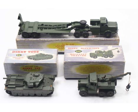 Dinky Toys group of 3 Military Diecasts to include No. 660 Military Tank Transporter, No. 651 Centurion Tank, and a No.661 Re