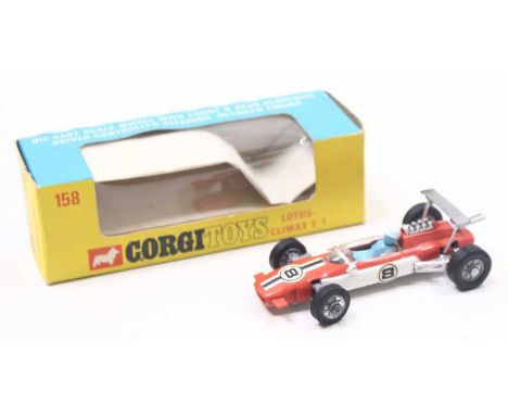 Corgi Toys No.158 Lotus Climax Formula 1 Racing Car in two-tone orange and white, racing number 8, cast hubs and figure drive
