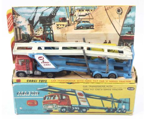 Corgi Toys No. 1138 Car Transporter with Ford Tilt Cab H series tractor unit and trailer, comprising of red and blue body wit