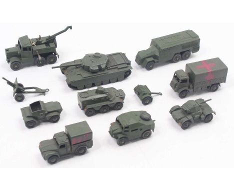 Dinky Toys group of 11 playworn military models including a Centurian tank, armoured command vehicle, recovery tractor, armou