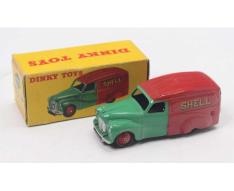 Dinky Toys No. 470 Austin Shell BP delivery van comprising red and green body with red hubs and Shell livery, housed in the o