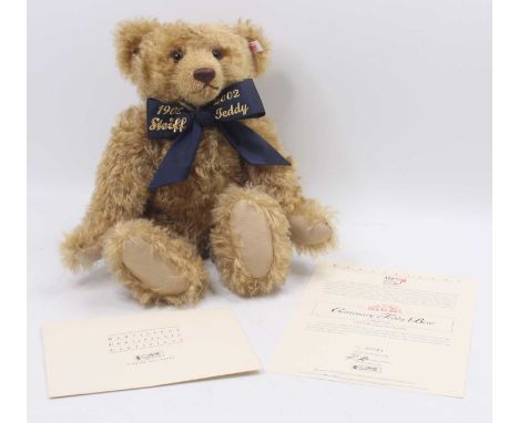 A Steiff Centenary bear No.670985, limited edition to year 2002, dark blond wavy mohair with working growler and certificate,