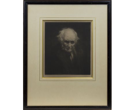 * DAVID WATERSON RE (1870 - 1954),
A CENTENARIAN
mezzotint, signed
33cm x 28.5cm
Mounted, framed and under glass
Label verso: