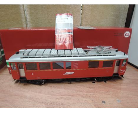 An LGB G scale RHB railcar with instruction leaflet and in original box