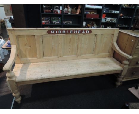 A refurbished pine bench believed to be from the waiting room at Ribblehead station